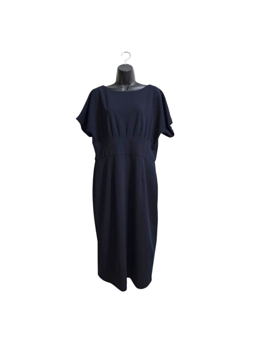 Antonio Melani Navy Pleated Short Sleeve Minimalist Sheath Midi Dress Sz 14